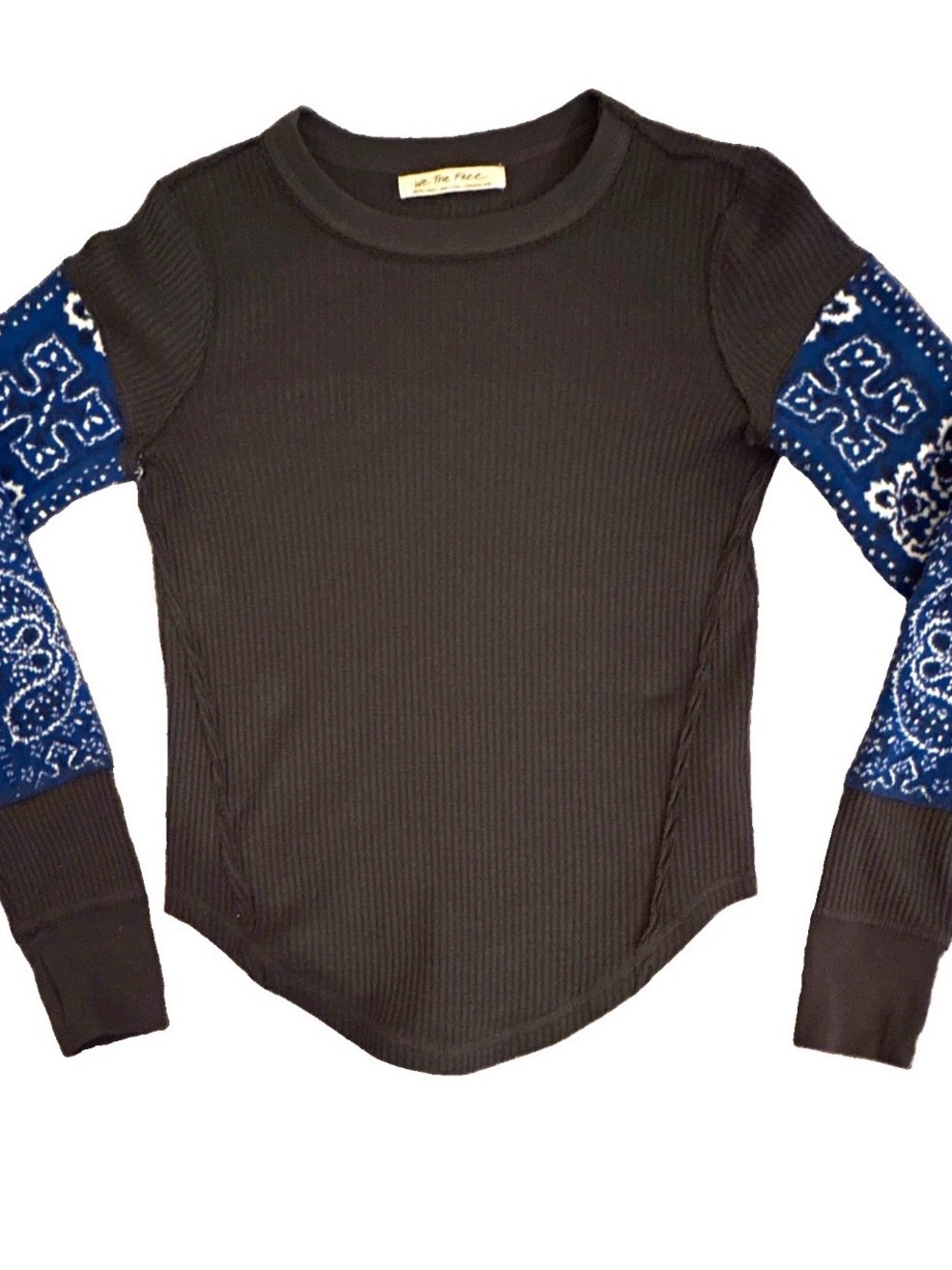 We The Free Women’s Charcoal Gray Rib Knit Thermal Top Blue Bandanna Sleeve